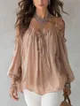 Detailed view of a stylish ruffle off-the-shoulder tie front blouse in elegant beige color - S / Tops / Nude