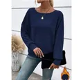 Detail view of navy blue long-sleeve top showing cozy fleece-lined thermal interior. - Navy Blue