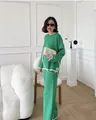 Elegant green two-piece knit sweater set with white contrast trim and wide-leg pants - One Size / Top And Bottom / Green