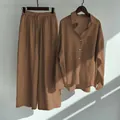 Women's 2-piece cotton linen set featuring button-down shirt and wide-leg pants in brown - Brown