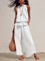 Bohemian white cotton linen set with a ruffled sleeveless top and wide leg pants. - S / Top And Bottom / White