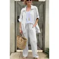 Elegante conjunto blanco de dos piezas camisa de lino y pantalón ancho para mujer - 3XL / Top Y Pantalón / Blanco