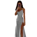 Elegant silver satin slip dress with stylish ruched details and a high side slit - S / Dresses / Gray