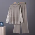 Macro view of the striped knit two-piece set with a round neck top and wide-leg pants - One Size / Top And Bottom / Khaki