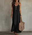 Elegante vestido maxi boho negro con tirantes finos para estilo de vacaciones playa - S / Vestidos / Negro