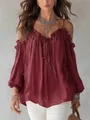 Detailed shot of wine red cold-shoulder blouse featuring ruffles and tie-front design - S / Tops / Burgundy