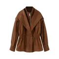 Detailed view of brown suede jacket featuring faux two-piece layered collar design. - XS / Tops / Coffee