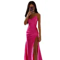 Sexy hot pink satin slip dress featuring ruched details and a high thigh slit design - S / Dresses / Rose Red