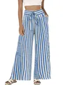 High-waisted blue and white striped wide-leg casual pants for women summer wear - S / Bottoms / Teal
