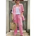 Conjunto casual de dos piezas de lino rosa con camisa oversize y pantalones anchos - 3XL / Top Y Pantalón / Rosa