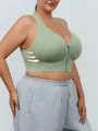 High-impact sage green sports bra with front zipper for plus-size yoga support - Green