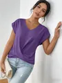 Detailed view of elegant purple V-neck short sleeve T-shirt with twisted hem design - Purple