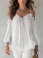 Detailed shot of white ruffled off-the-shoulder blouse with thin spaghetti straps - S / Tops / White