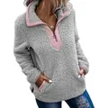 Sweat à capuche douillet en molleton sherpa gris et rose avec demi-zip pour l'automne. - S / Hauts / Gris Argent