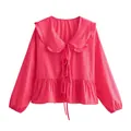 Elegant pink long-sleeved blouse featuring a ruffled Peter Pan collar and front tie detail - S / Tops / Rose Red