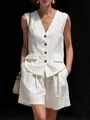 Detailed view of white cotton linen sleeveless V-neck vest and matching casual shorts - S / Top And Bottom (2552) / White