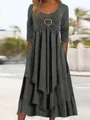 Elegant dark grey long sleeve maxi dress featuring heart buckle and layered ruffle cake hem. - Dark Gray