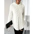 Cozy white cable-knit fuzzy hoodie sweatshirt with drawstring for women - 3XL / Tops / Apricot