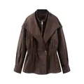 Close-up of brown faux suede jacket featuring a unique faux two-piece design and cinched waist - XS / Tops / Dark Brown