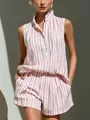 Completo estivo due pezzi a righe rosa e bianche con camicia senza maniche e shorts - Taglia S / Top E Pantaloni / Rosa
