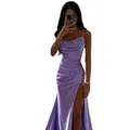 Elegant lavender satin cowl neck evening dress featuring a high side ruched slit detail - Light Purple