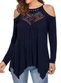 Close-up detail of navy blue cold shoulder top with intricate crochet lace neckline. - Navy Blue