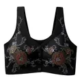 Comfortable black front closure wireless bra featuring elegant floral embroidery patterns - M / Tops / Black