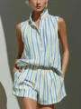 Completo estivo da vacanza in due pezzi con gilet a righe senza maniche e pantaloncini - Taglia S / Top E Pantaloni / Azzurro