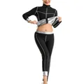 Ensemble de sudation noir pour femmes avec doublure argentée pour fitness intense - S / Haut Et Bas / Noir Avec Coutures Grises