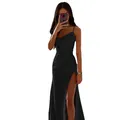 Elegant black ruched satin evening gown featuring a high leg slit and thin spaghetti straps - Black