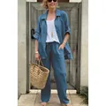 Lässiges zweiteiliges blaues Leinenhemd- und Tunnelzughosen-Set für Damen im Urban-Stil - Blau