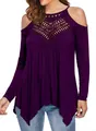 Detail view of purple cold shoulder top featuring intricate lace neckline crochet - Purple