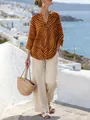 Conjunto de playa elegante con top estampado de escote en V y pantalones anchos en color blanco - S / Top Y Pantalón / Chocolate