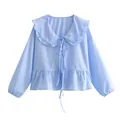 Elegant sky blue long sleeve ruffled Peter Pan collar blouse with stylish tie-front - S / Tops / Blue