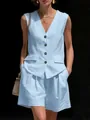 Model wearing a stylish light blue cotton linen V-neck vest and shorts set for summer - S / Top And Bottom (2552) / Light Blue