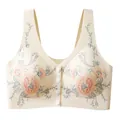 Front-buckle wireless bra in cream with floral embroidery and decorative buttons - M / Tops / Champagne