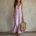 Robe longue bohème lilas ample à fines bretelles pour un style de vacances d'été - Mauve Clair