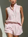 Conjunto de dos piezas sin mangas con rayas rosas y blancas, top con cuello alto y shorts. - S / Top Y Pantalón / Rosa