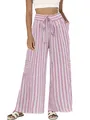 Detailed view of women's pink striped wide-leg trousers with high waist and drawstring - S / Bottoms / Lotus Pink