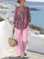 Komplettset aus lässiger rosa gestreifter V-Ausschnitt Bluse und weiten Hosen - S / Oberteil Und Unterteil / Rosa