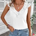 Elegant white summer top with V-neck eyelet ruffles and flutter sleeves for women. - S / Tops / White