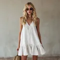 Retro white sleeveless V-neck dress with ruffles and bow tie for vacation style. - S / Dresses / White