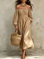 Elegant off-the-shoulder cotton-linen pleated maxi dress perfect for resort vacations - S / Dresses / Khaki