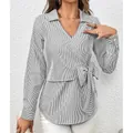 Elegant women's vertical striped long sleeve wrap shirt with adjustable waist tie knot - S / Tops / Gray