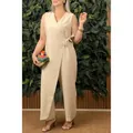 Combinaison cache-cœur beige sans manches avec col en V et nœud latéral pour femmes - XS / Ensemble / Abricot