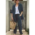Marineblaues lässiges zweiteiliges Leinenhemd und Hosenset für stilvolle Damenmode - Marineblau