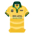 Polo da tifoso del Brasile con testo Rio de Janeiro ricamato e stemma sportivo - 3XL / Top / Tema Brasiliano (Giallo/Verde)