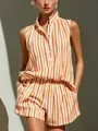 Conjunto de verano de rayas naranjas y blancas con top sin mangas y pantalones - S / Top Y Pantalón / Naranja