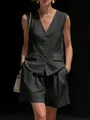 Detail of black cotton-linen vest and shorts set showing rich fabric texture and cut. - S / Top And Bottom (2552) / Black