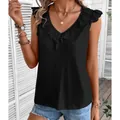 Elegant summer V-neck black top with flutter sleeves and sweet eyelet lace trim detail - 2XL / Tops / Black